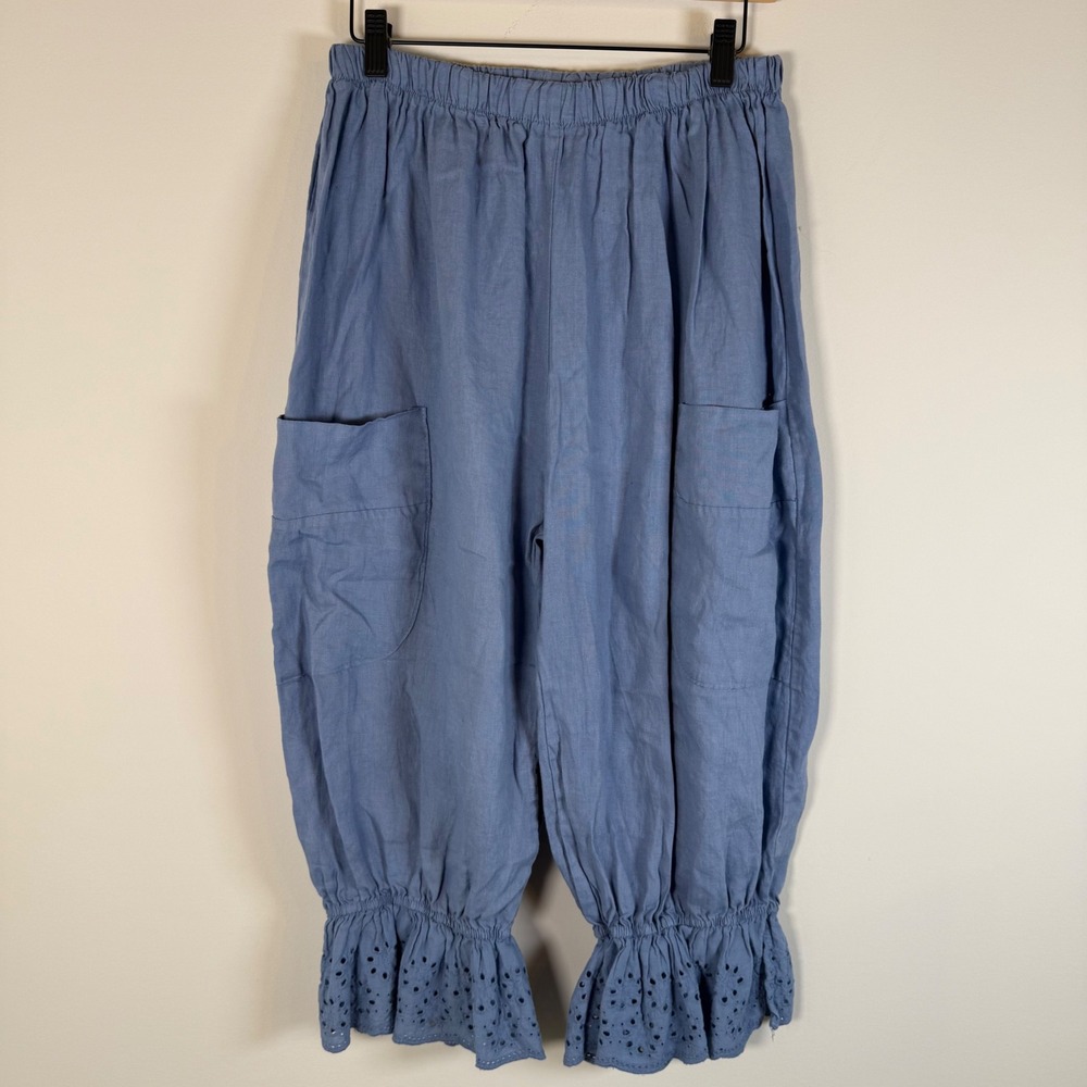 Azarama 100% Linen Bloomers Pull On Pants Size 12 Large Blue Eyelet Ruffle Hem